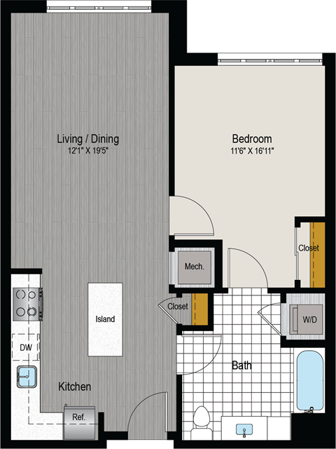 Floor plan for 1 bed, 1 bath, 696 sqft